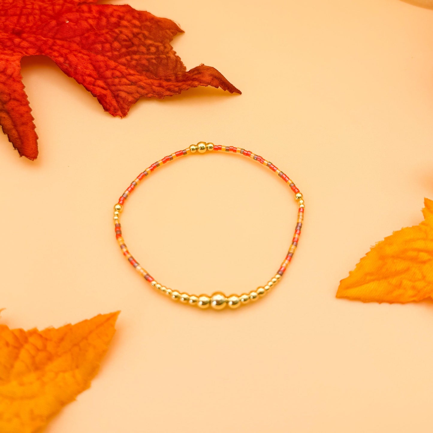 Fall Harvest | 18k gold filled with orange, brown & red bracelet stack | beaded stretch bracelet | tiny bead | seed bead | bracelet set