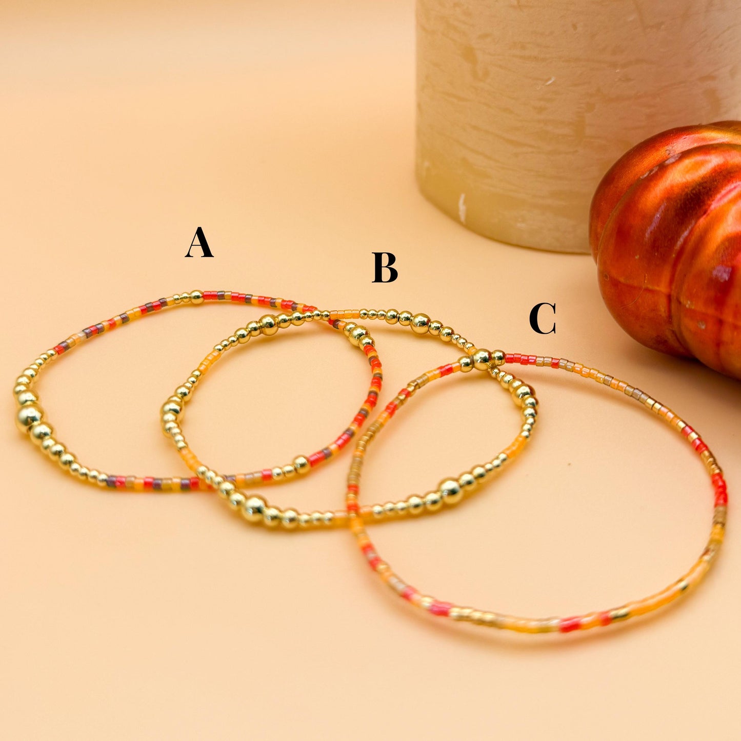 Fall Harvest | 18k gold filled with orange, brown & red bracelet stack | beaded stretch bracelet | tiny bead | seed bead | bracelet set