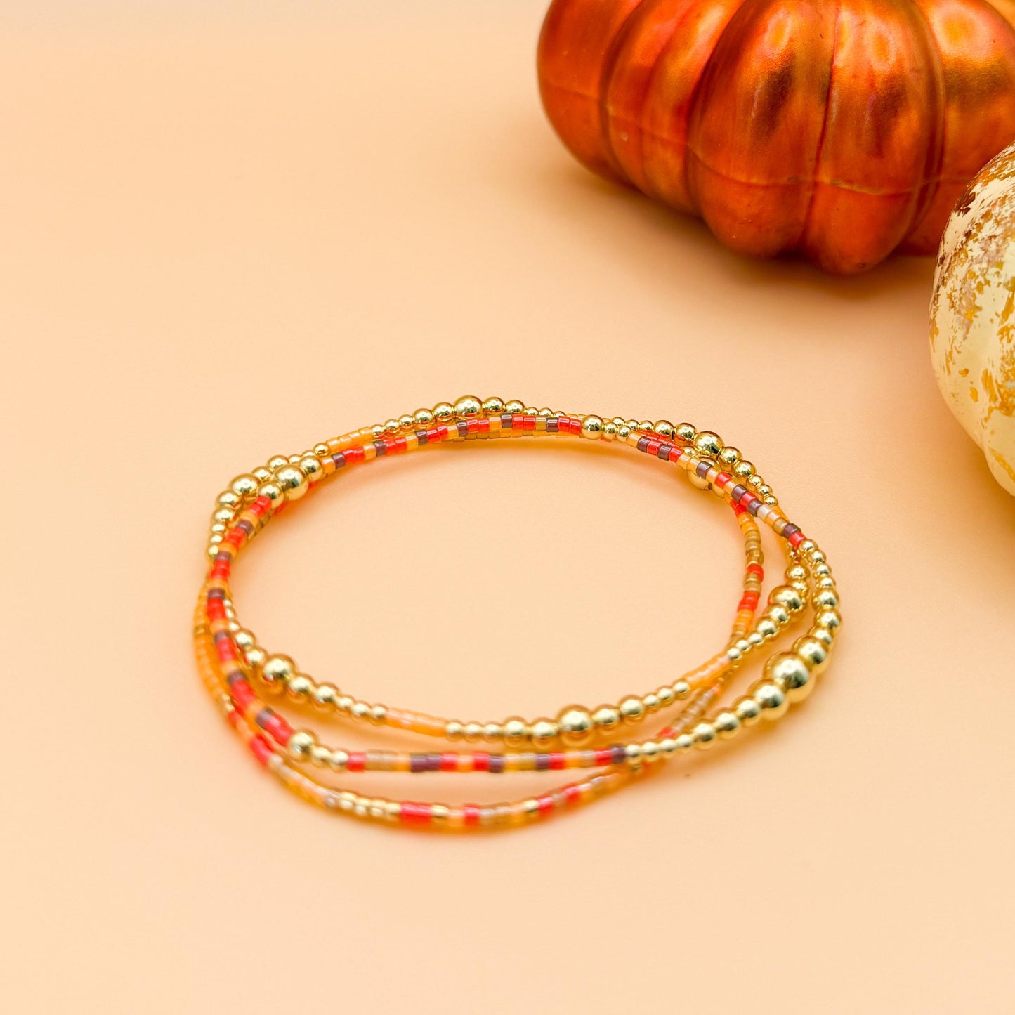 Fall Harvest | 18k gold filled with orange, brown & red bracelet stack | beaded stretch bracelet | tiny bead | seed bead | bracelet set