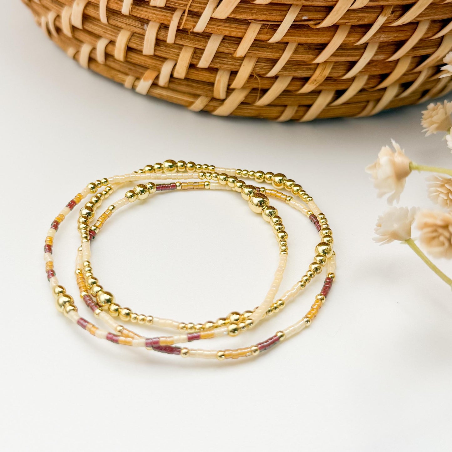 Maple | 18k gold filled with cream and brown bracelet stack | beaded stretch bracelet | tiny bead bracelet | seed bead | fall set