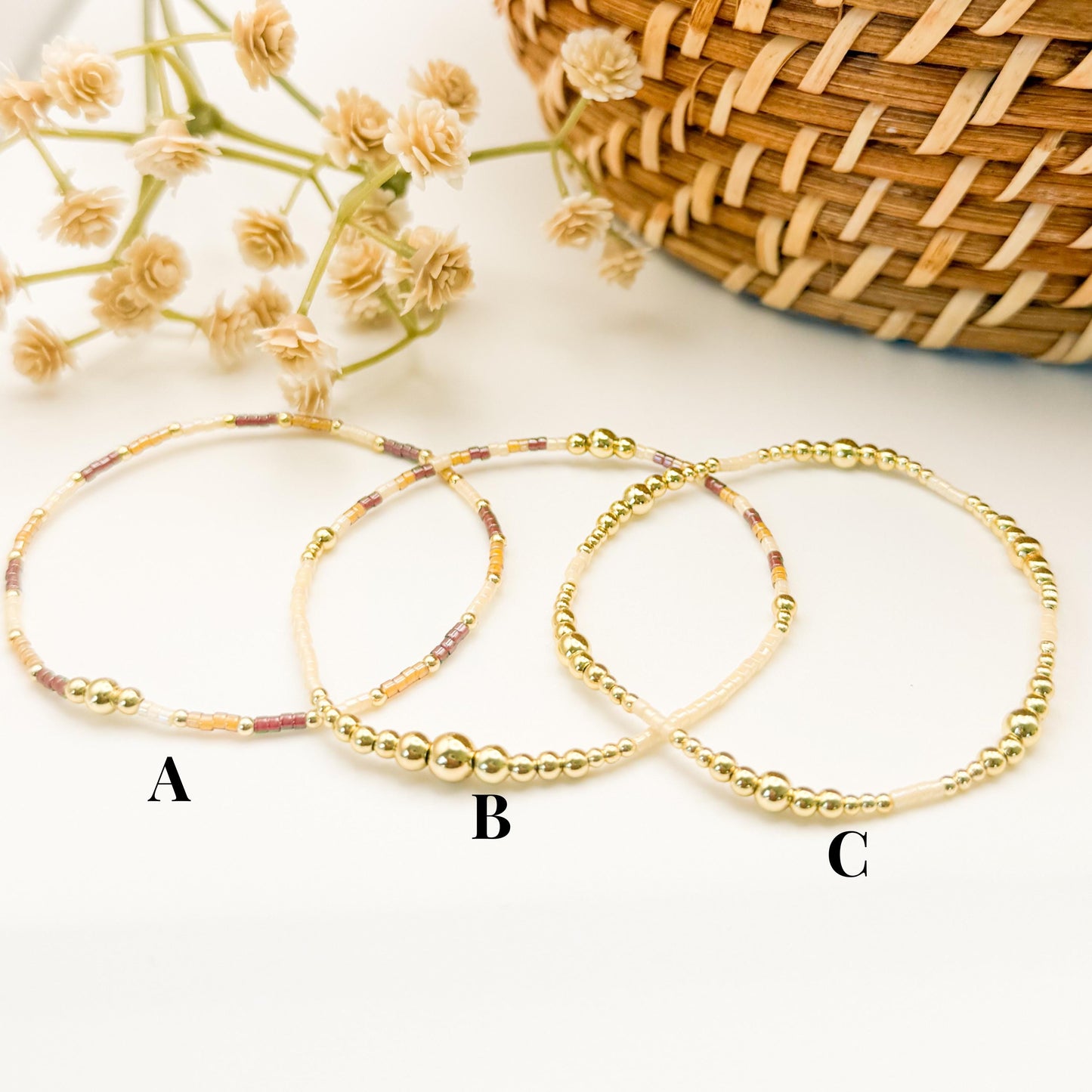 Maple | 18k gold filled with cream and brown bracelet stack | beaded stretch bracelet | tiny bead bracelet | seed bead | fall set