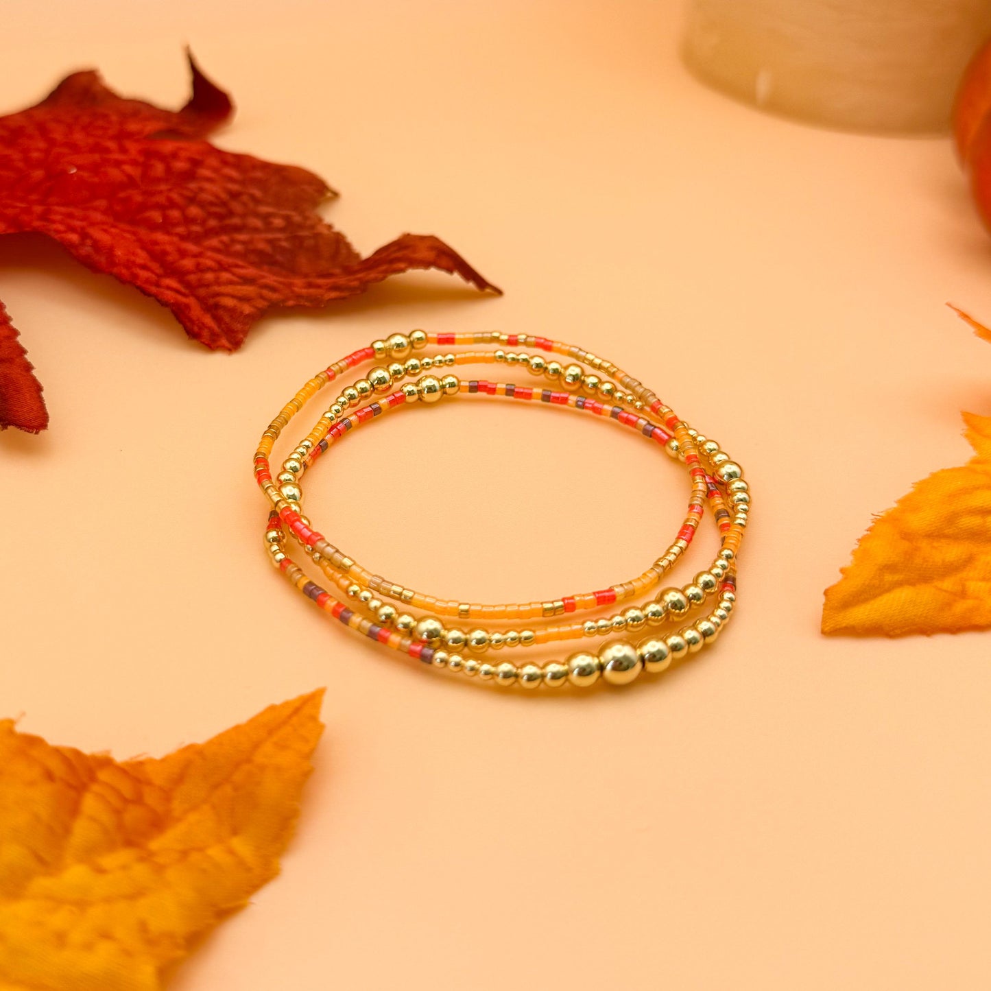 Fall Harvest | 18k gold filled with orange, brown & red bracelet stack | beaded stretch bracelet | tiny bead | seed bead | bracelet set