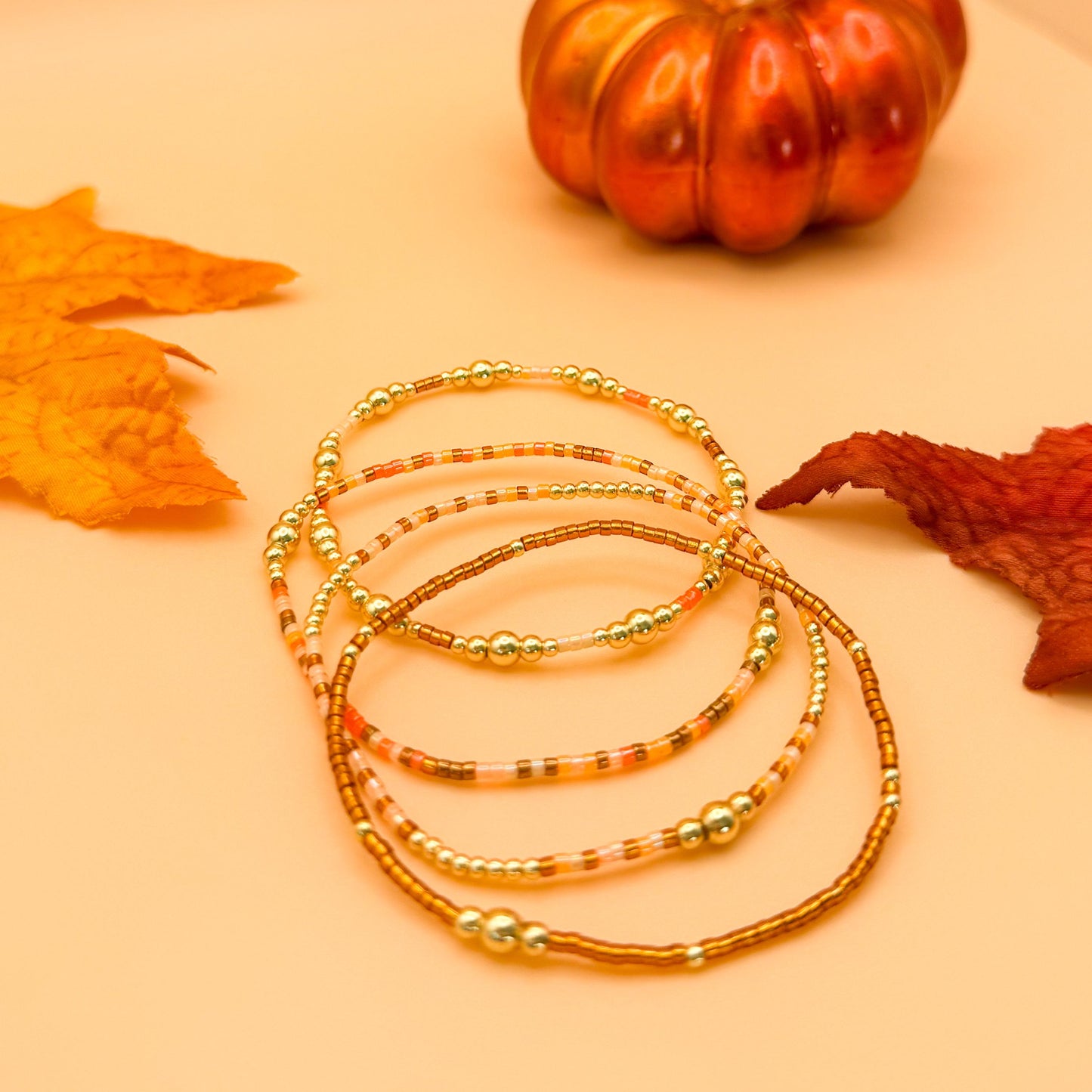 Pumpkin Spice | 18k gold filled with orange and brown bracelet stack | beaded stretch bracelet | tiny bead bracelet | seed bead | autumn