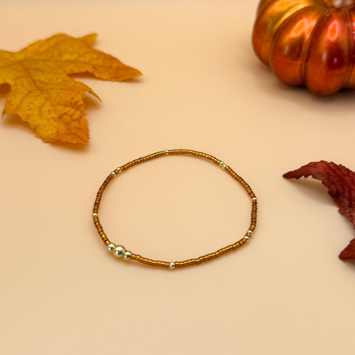 Pumpkin Spice | 18k gold filled with orange and brown bracelet stack | beaded stretch bracelet | tiny bead bracelet | seed bead | autumn