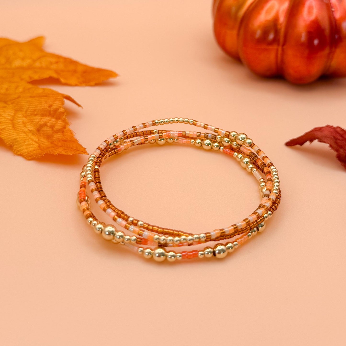 Pumpkin Spice | 18k gold filled with orange and brown bracelet stack | beaded stretch bracelet | tiny bead bracelet | seed bead | autumn