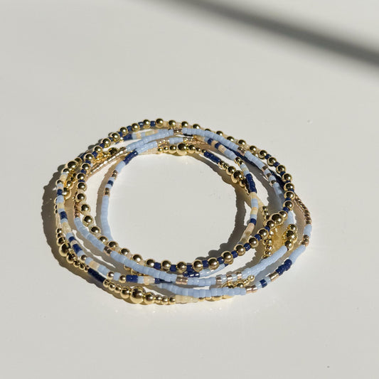 Twinkle| 18k gold filled with light blue and navy bracelet stack | beaded stretch bracelet | tiny bead bracelet | seed bead | gift set