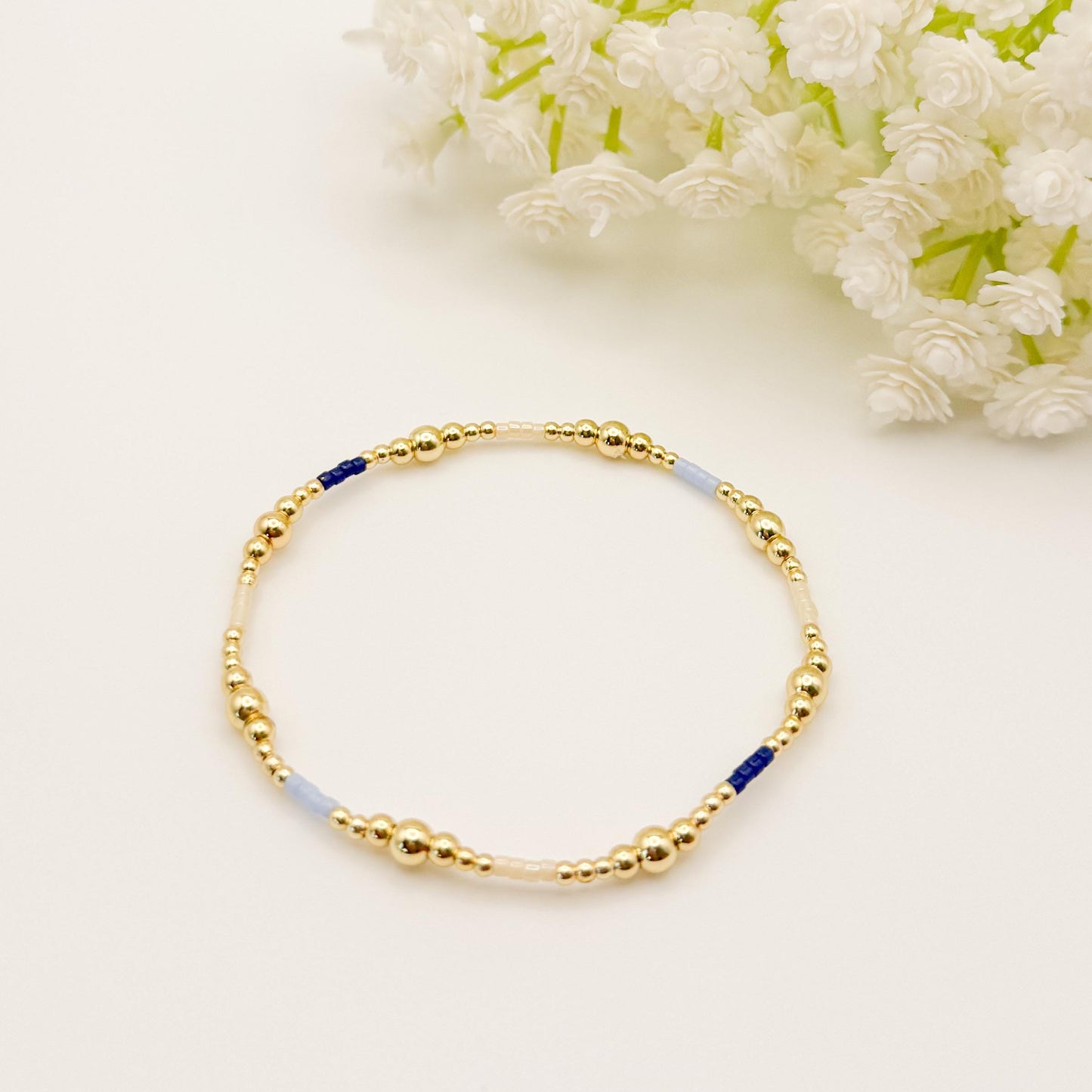 Twinkle| 18k gold filled with light blue and navy bracelet stack | beaded stretch bracelet | tiny bead bracelet | seed bead | gift set