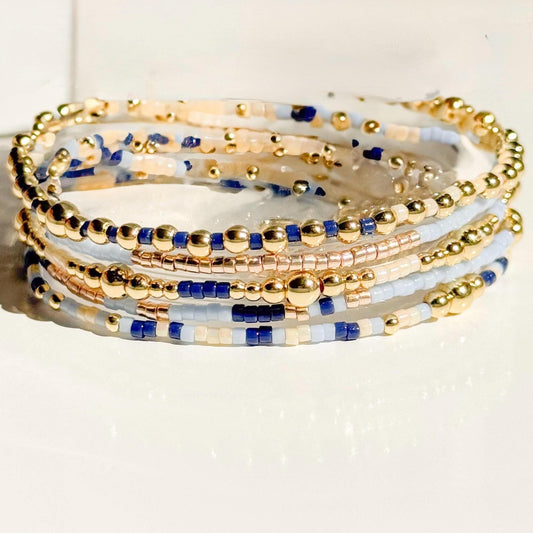 Twinkle| 18k gold filled with light blue and navy bracelet stack | beaded stretch bracelet | tiny bead bracelet | seed bead | gift set