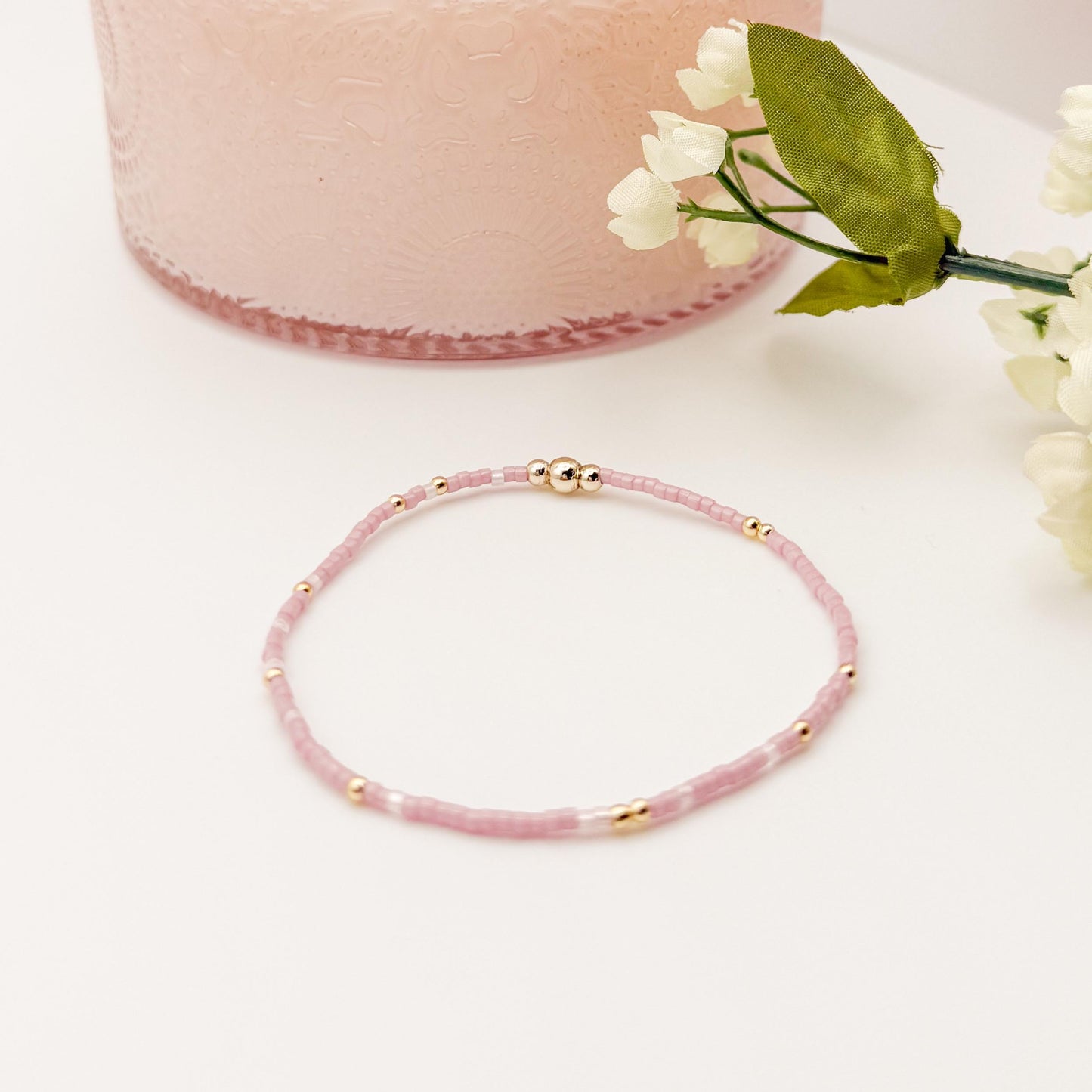 Minimalist | 18k gold filled with pink and brown bracelet stack | beaded stretch bracelet | tiny bead bracelet | seed bead | gift set |cream