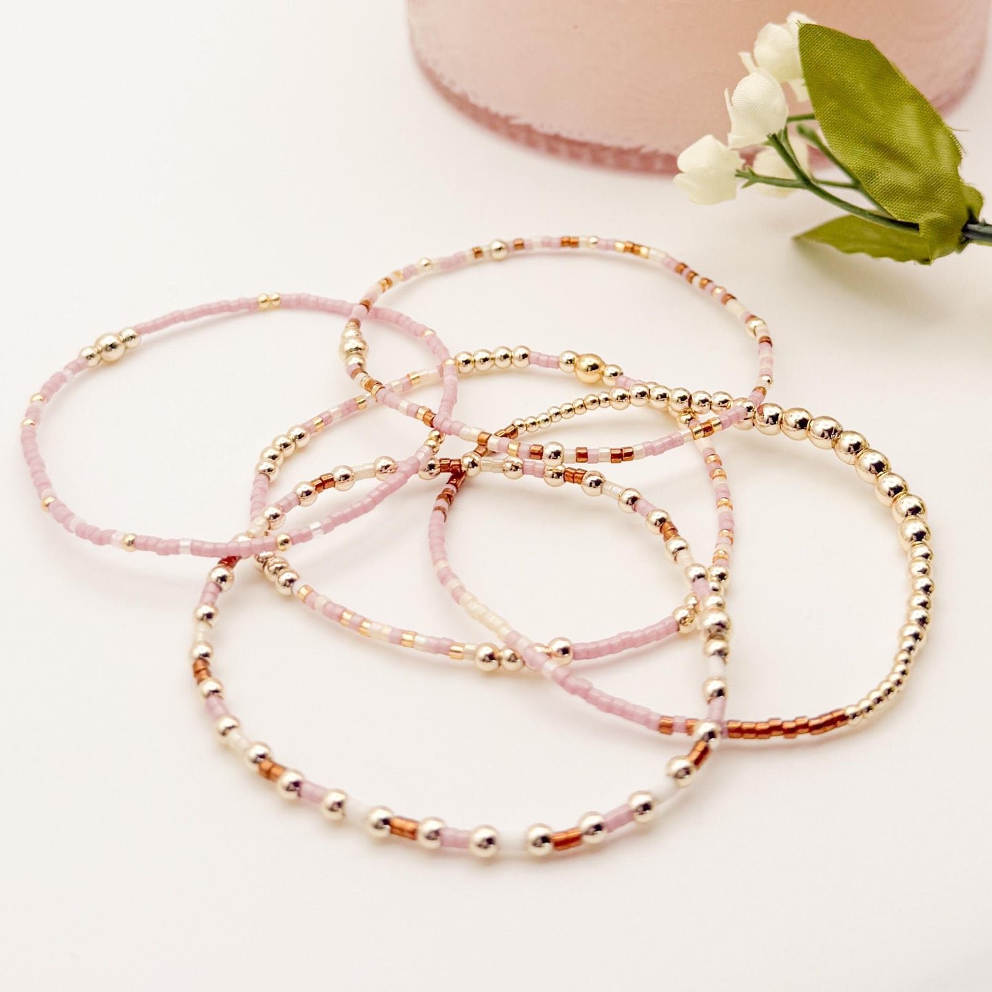 Minimalist | 18k gold filled with pink and brown bracelet stack | beaded stretch bracelet | tiny bead bracelet | seed bead | gift set |cream
