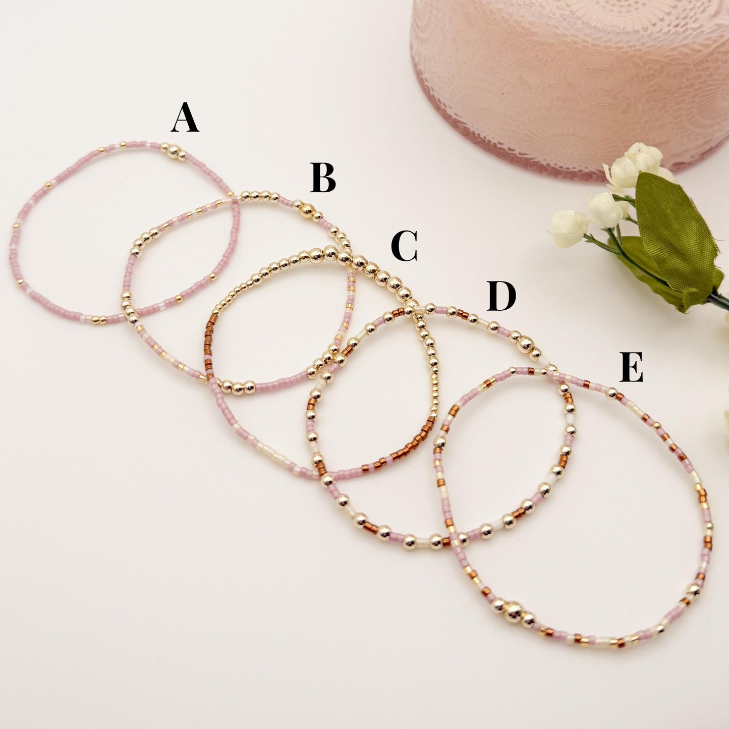 Minimalist | 18k gold filled with pink and brown bracelet stack | beaded stretch bracelet | tiny bead bracelet | seed bead | gift set |cream