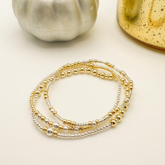 Mixed Metals 2.0 | 18k gold filled with sterling silver and silver seed beads | beaded stretch bracelet | tiny bead bracelet | bracelet set