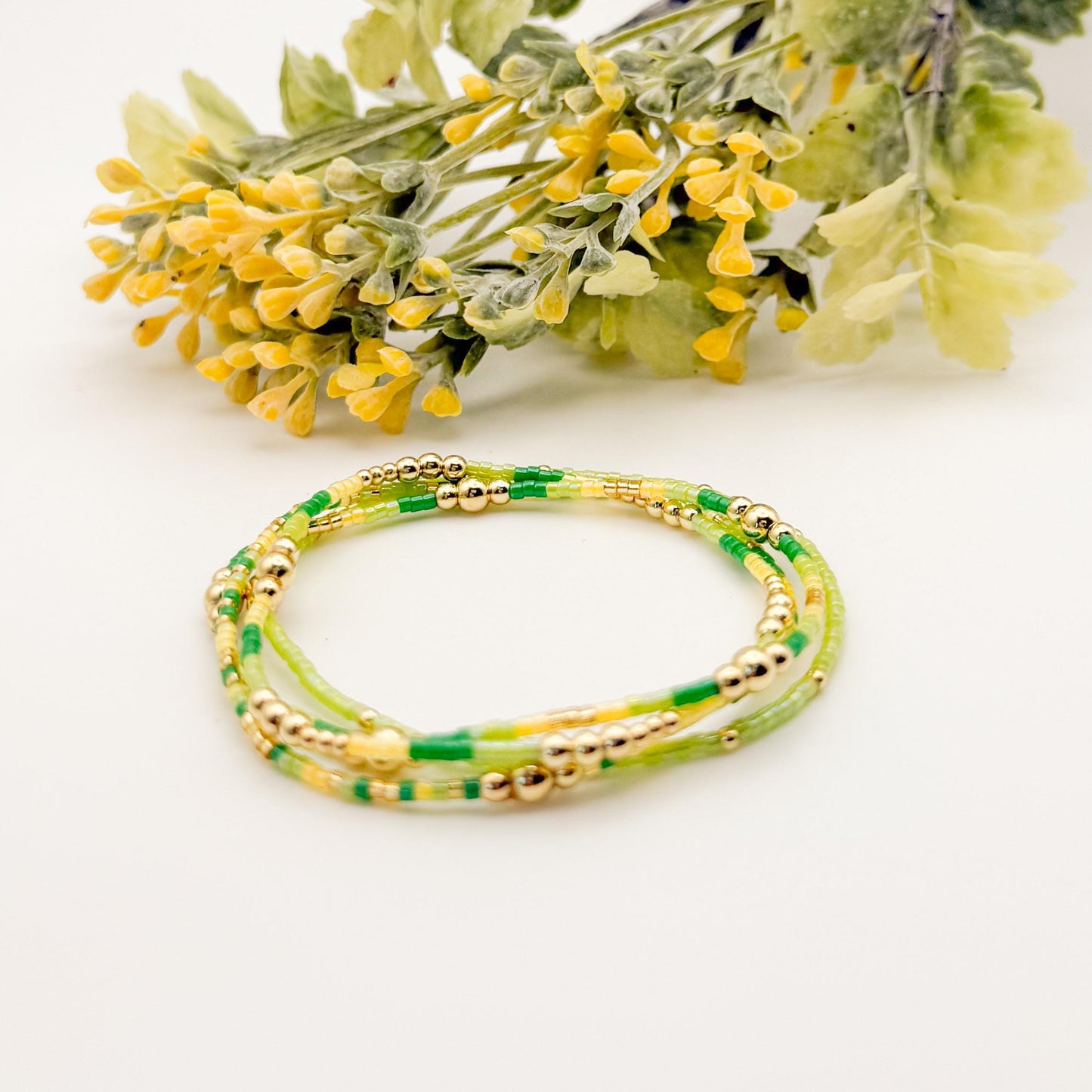 Adventure | 18k gold filled with yellow and green bracelet stack | beaded stretch bracelet | tiny bead bracelet | seed bead | gift set