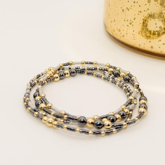 Rocky | 18k gold filled with grey and dark grey bracelet stack | beaded stretch bracelet | tiny bead bracelet | seed bead | gift set