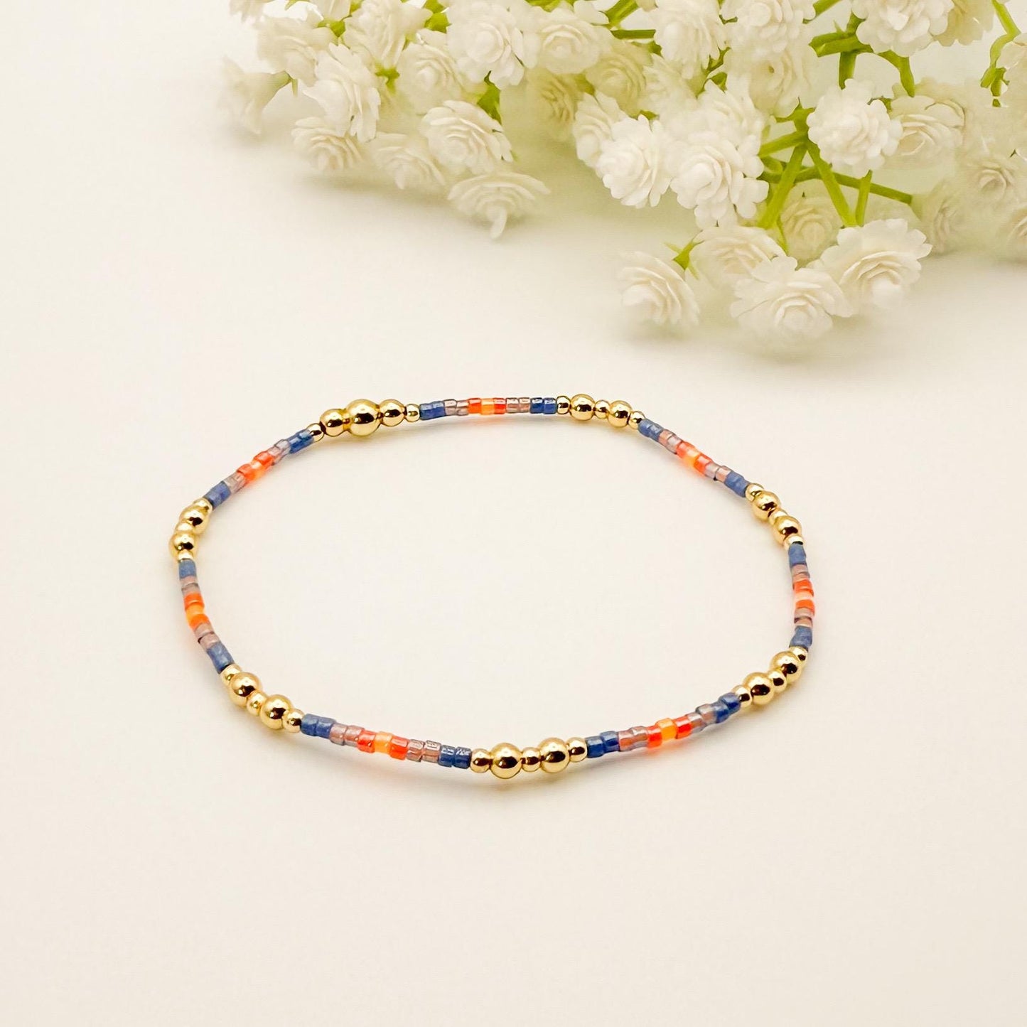 Denim | 18k gold filled with orange and blue bracelet stack | beaded stretch bracelet | tiny bead bracelet | seed bead | gift set