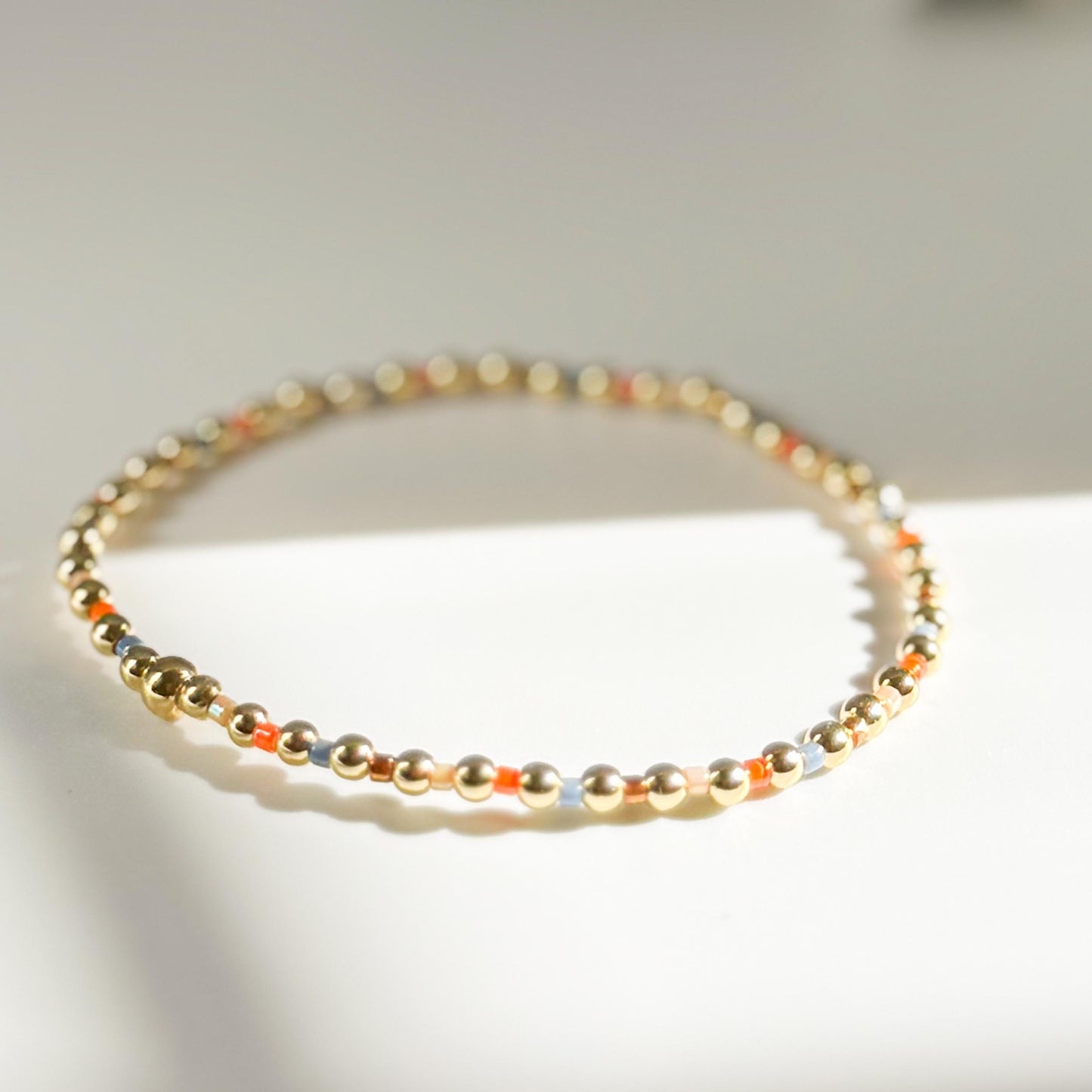 Denim | 18k gold filled with orange and blue bracelet stack | beaded stretch bracelet | tiny bead bracelet | seed bead | gift set