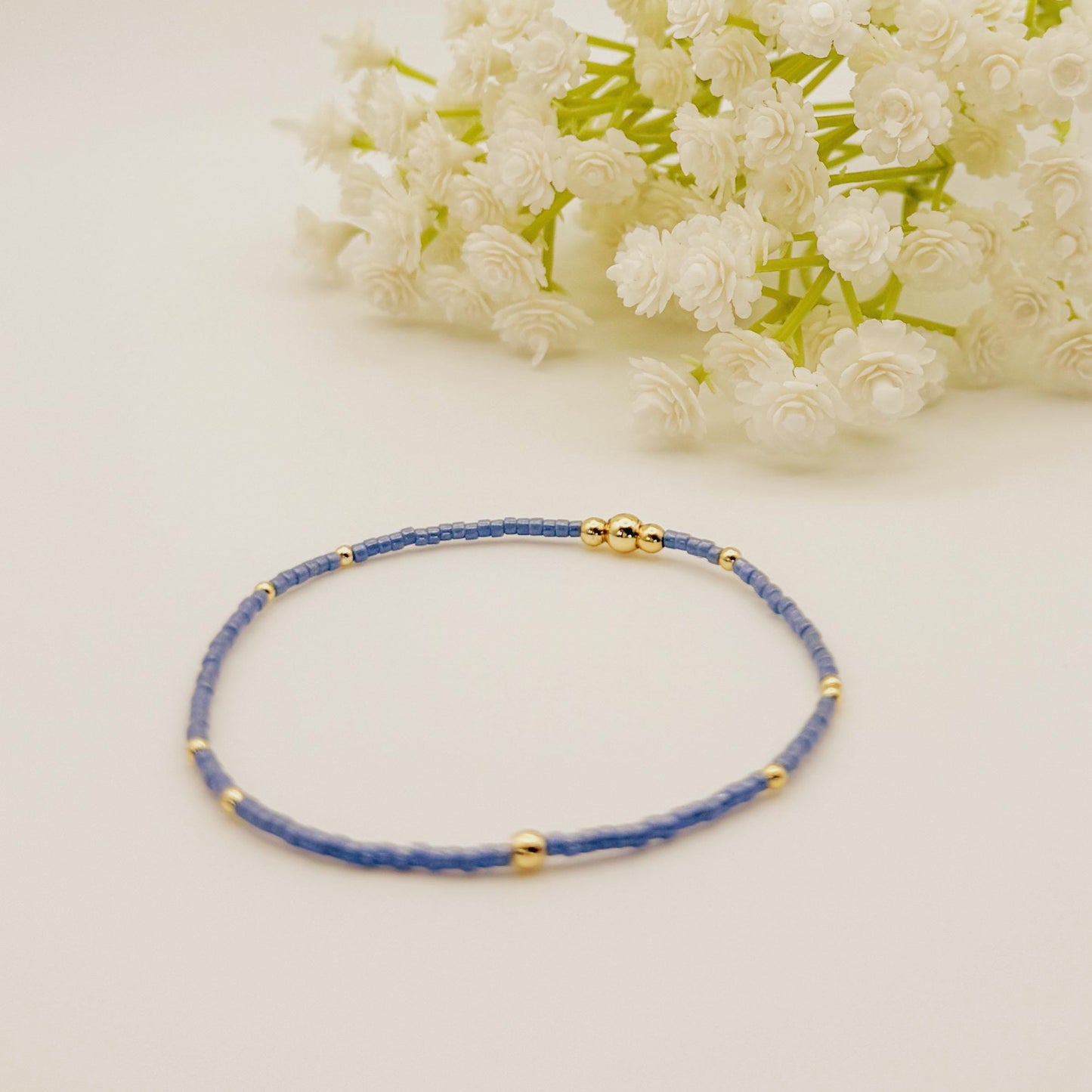 Denim | 18k gold filled with orange and blue bracelet stack | beaded stretch bracelet | tiny bead bracelet | seed bead | gift set