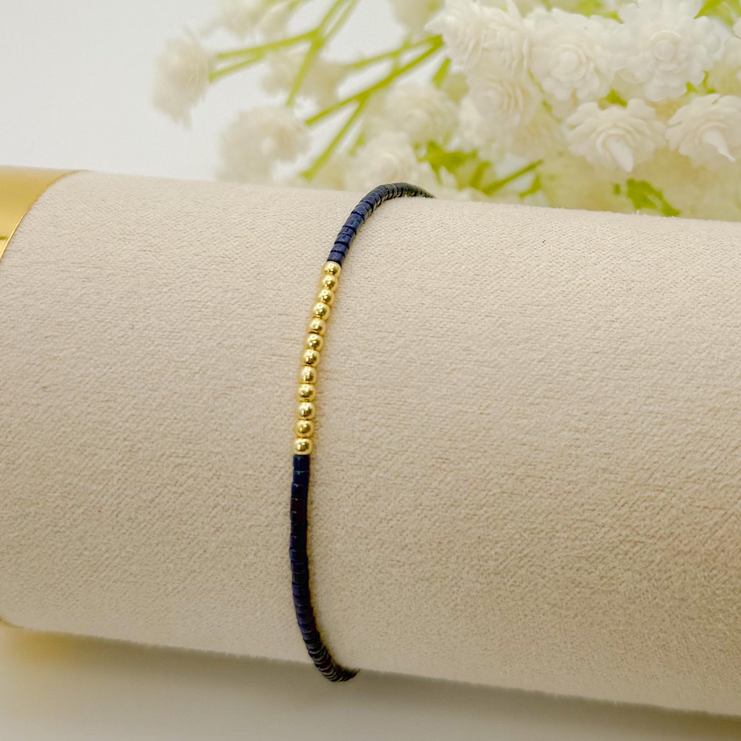 Navy 3 tone bracelets | 18k gold filled with sterling silver and Rose gold beads | navy with mixed metals | tiny bead stretch bracelets