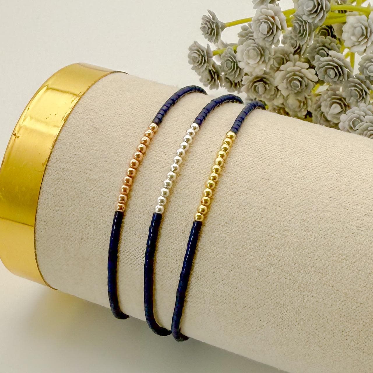 Navy 3 tone bracelets | 18k gold filled with sterling silver and Rose gold beads | navy with mixed metals | tiny bead stretch bracelets