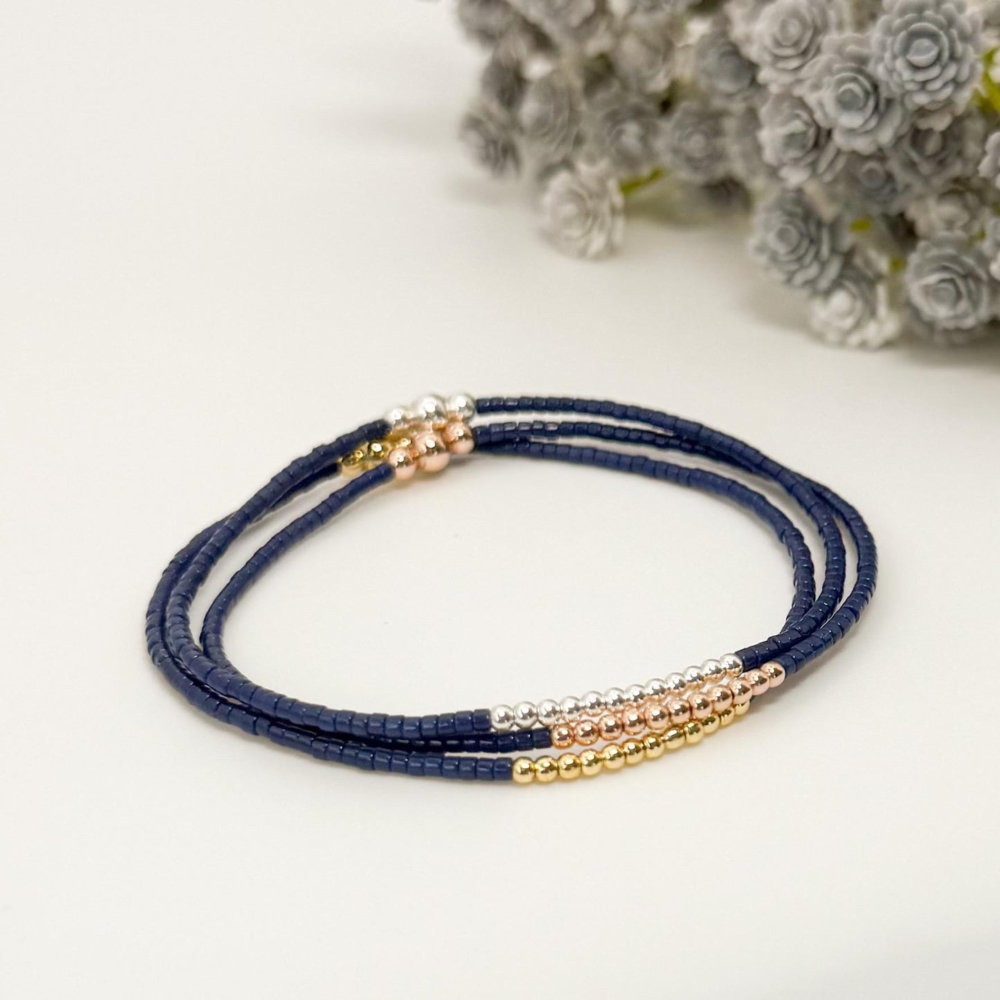 Navy 3 tone bracelets | 18k gold filled with sterling silver and Rose gold beads | navy with mixed metals | tiny bead stretch bracelets