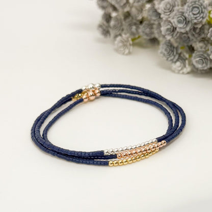 Navy Seed Bead Bracelet: 18k Gold Filled & Sterling Silver