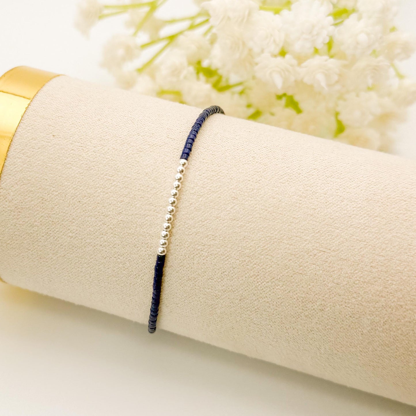 Navy 3 tone bracelets | 18k gold filled with sterling silver and Rose gold beads | navy with mixed metals | tiny bead stretch bracelets