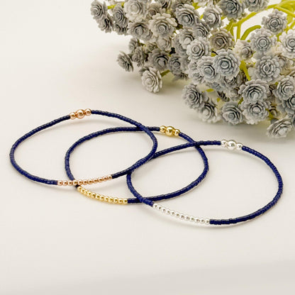 Navy Seed Bead Bracelet: 18k Gold Filled & Sterling Silver