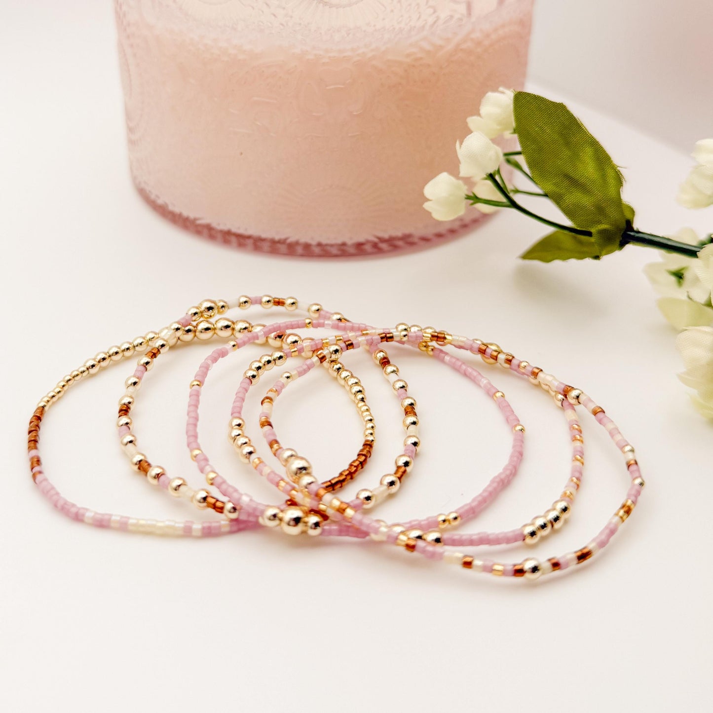 Minimalist | 18k gold filled with pink and brown bracelet stack | beaded stretch bracelet | tiny bead bracelet | seed bead | gift set |cream