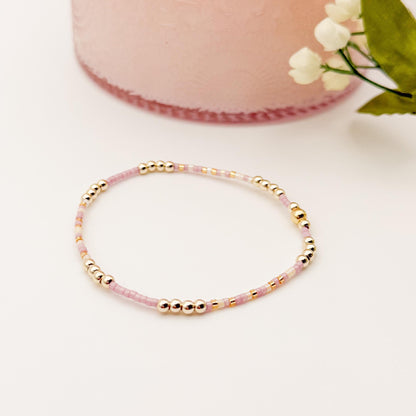 Minimalist | 18k gold filled with pink and brown bracelet stack | beaded stretch bracelet | tiny bead bracelet | seed bead | gift set |cream
