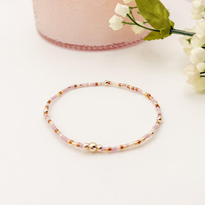 Minimalist | 18k gold filled with pink and brown bracelet stack | beaded stretch bracelet | tiny bead bracelet | seed bead | gift set |cream