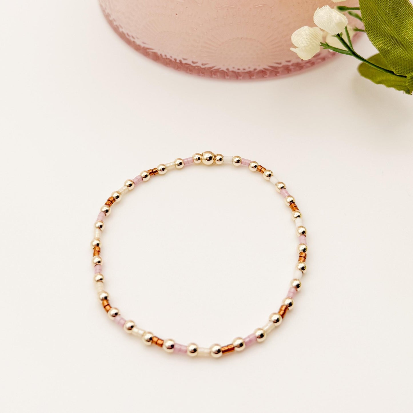 Minimalist | 18k gold filled with pink and brown bracelet stack | beaded stretch bracelet | tiny bead bracelet | seed bead | gift set |cream