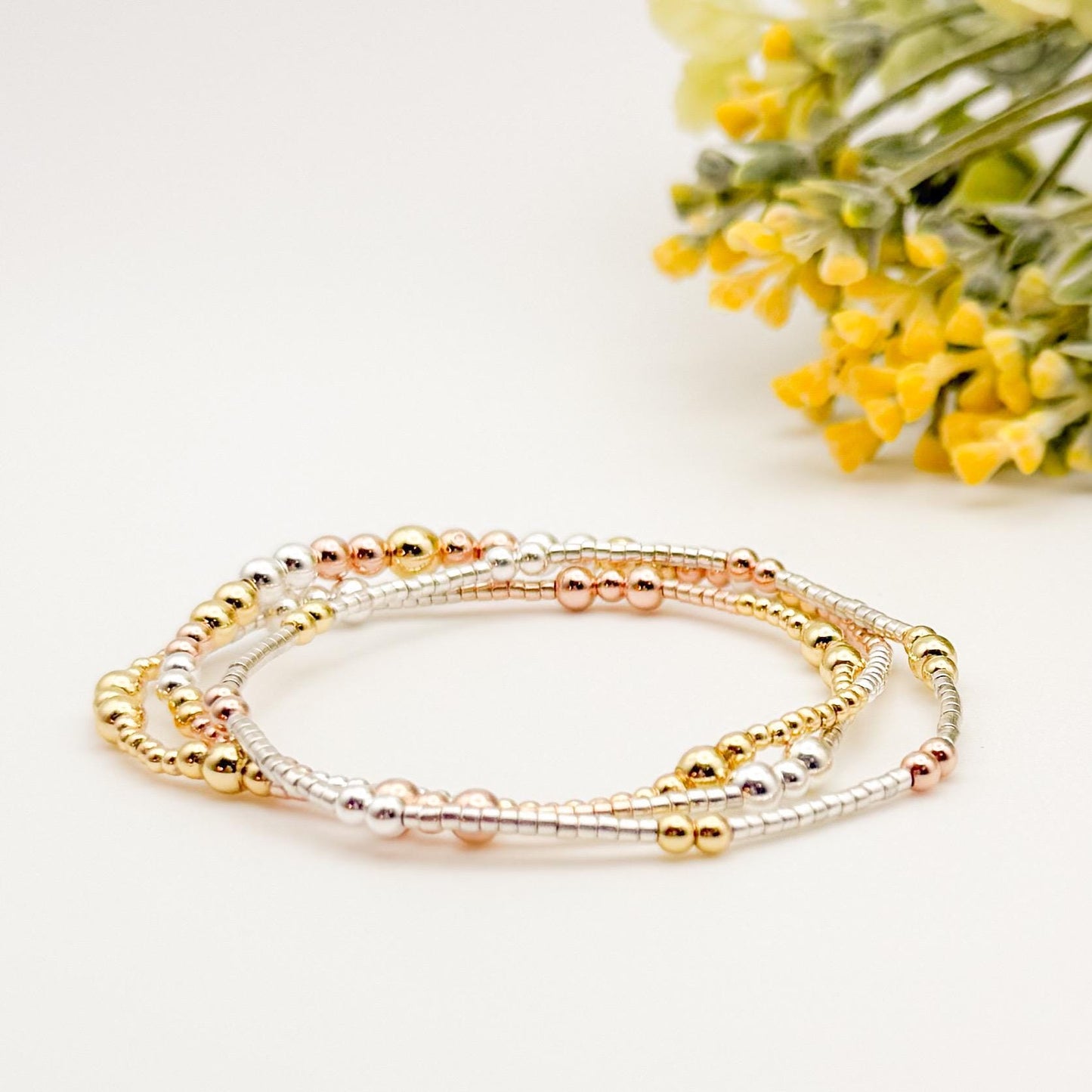 Tri Tone Mixed Metals | 18k gold filled with sterling silver and rose gold filled  | beaded stretch bracelet set