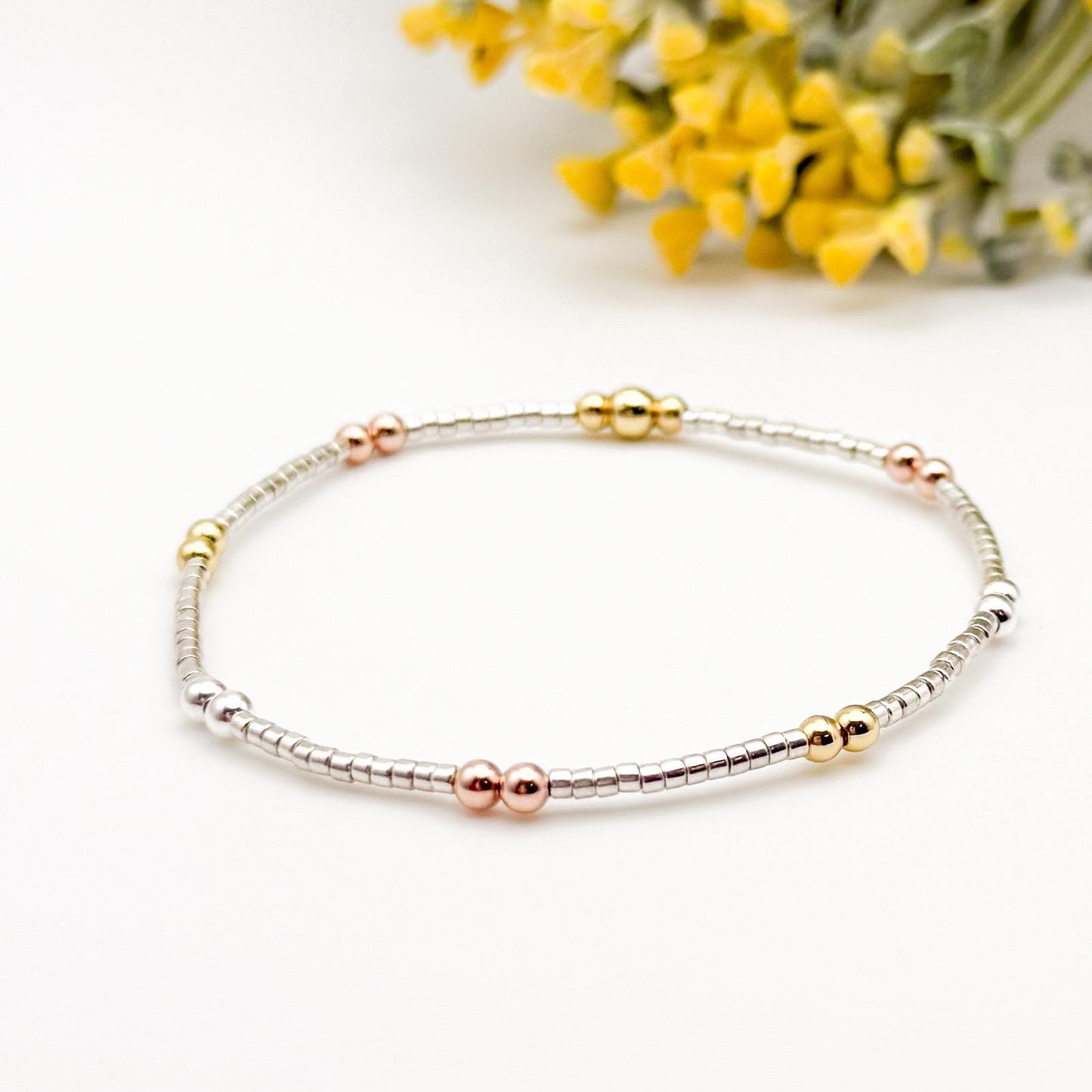 Tri Tone Mixed Metals | 18k gold filled with sterling silver and rose gold filled  | beaded stretch bracelet set