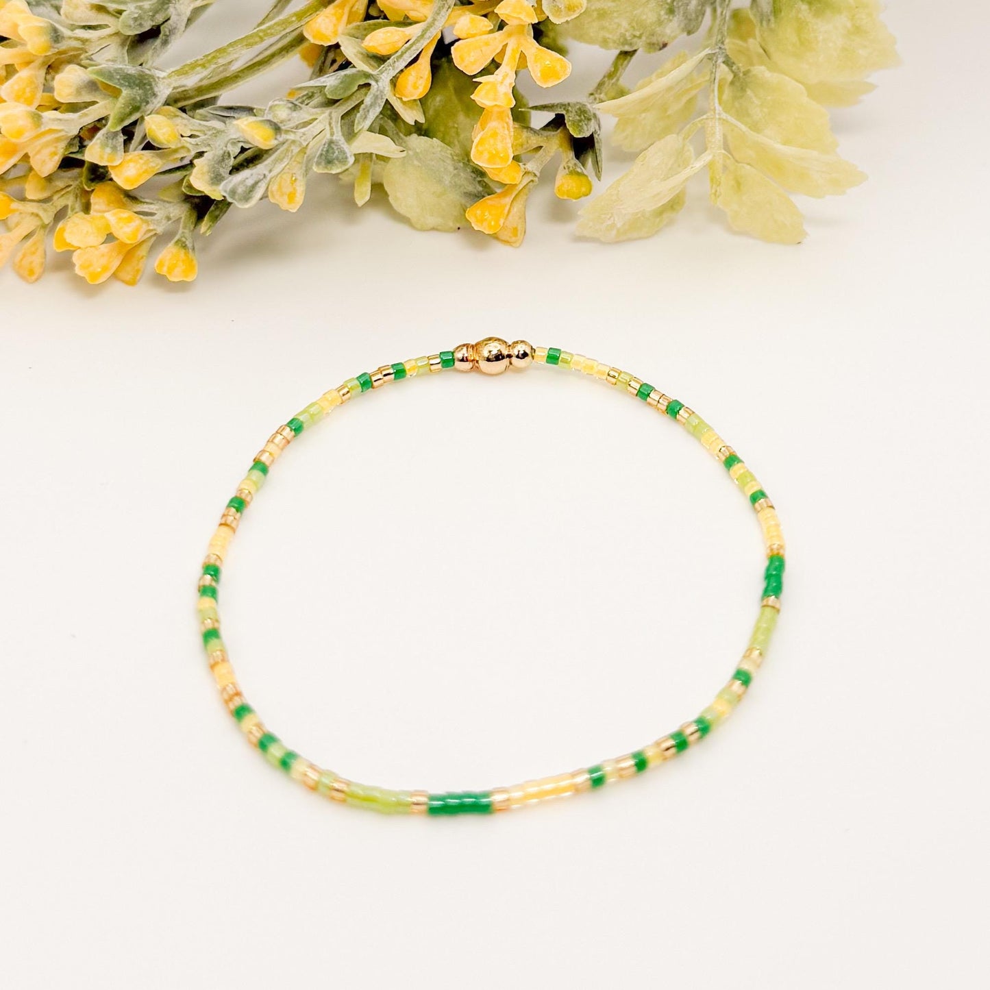 Adventure | 18k gold filled with yellow and green bracelet stack | beaded stretch bracelet | tiny bead bracelet | seed bead | gift set
