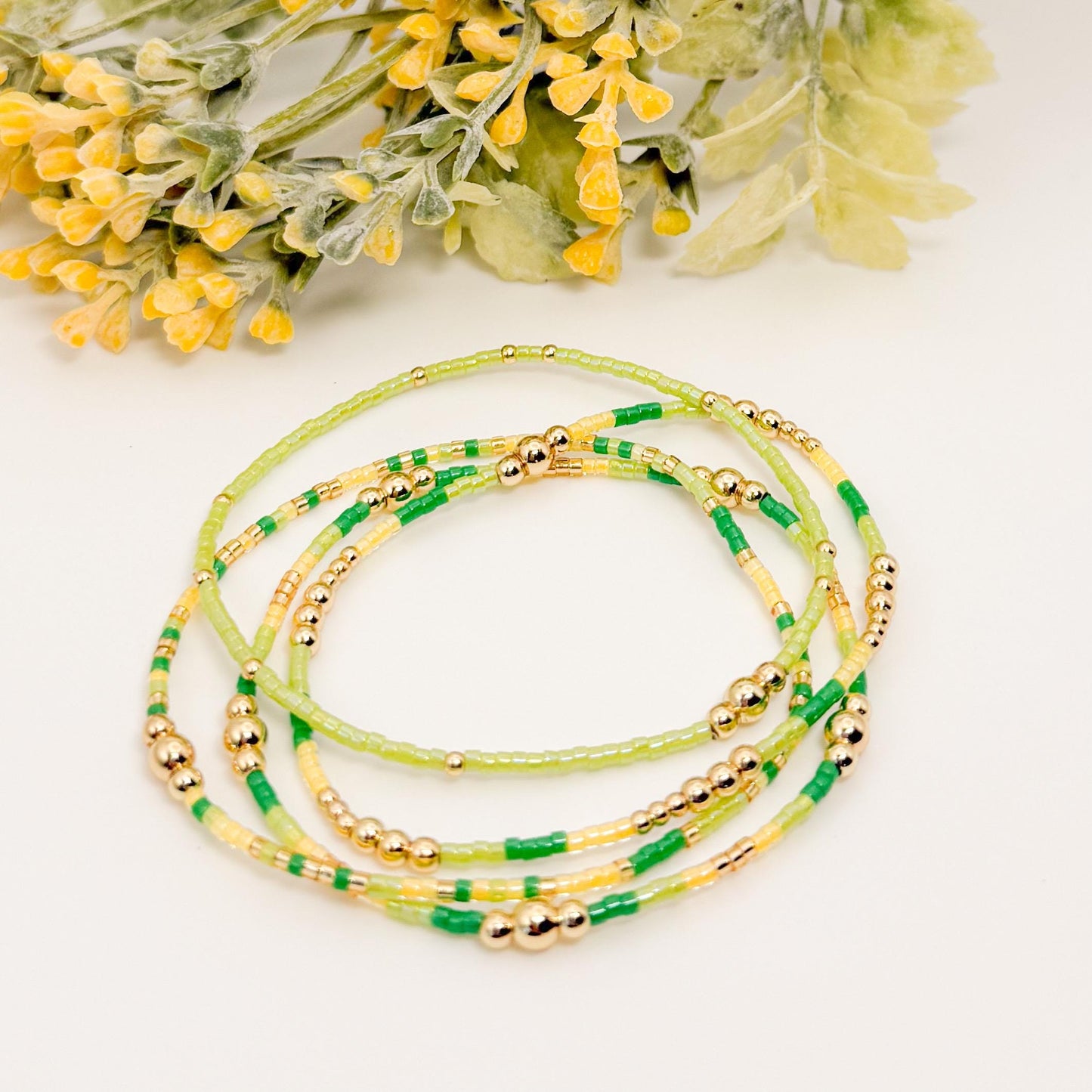 Adventure | 18k gold filled with yellow and green bracelet stack | beaded stretch bracelet | tiny bead bracelet | seed bead | gift set