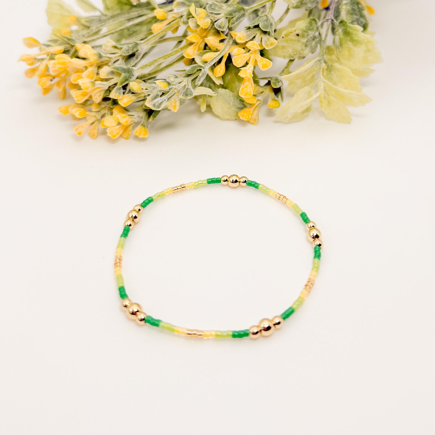 Adventure | 18k gold filled with yellow and green bracelet stack | beaded stretch bracelet | tiny bead bracelet | seed bead | gift set