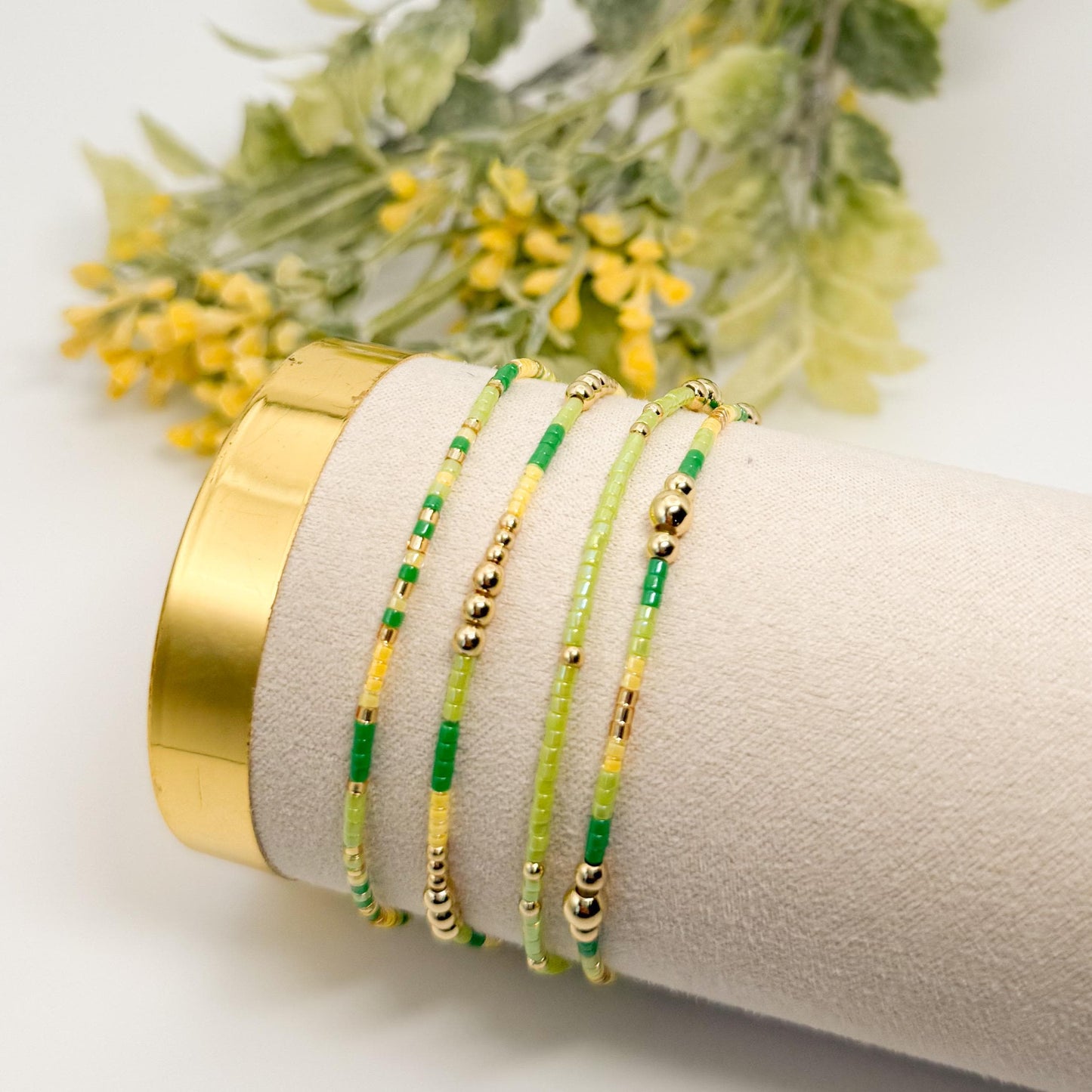 Adventure | 18k gold filled with yellow and green bracelet stack | beaded stretch bracelet | tiny bead bracelet | seed bead | gift set