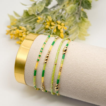 Adventure | 18k gold filled with yellow and green bracelet stack | beaded stretch bracelet | tiny bead bracelet | seed bead | gift set