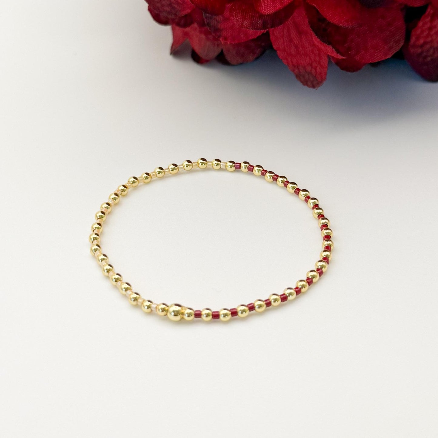Burgundy | 18k gold filled with maroon and cream bracelet stack | beaded stretch bracelet |