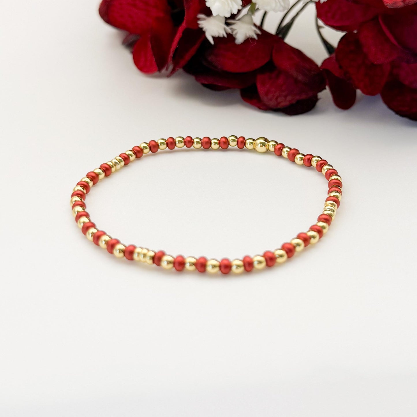 Crimson Glow | 18k gold filled with coral-red/ crimson bracelet stack | beaded stretch bracelet | 3 piece bracelet set