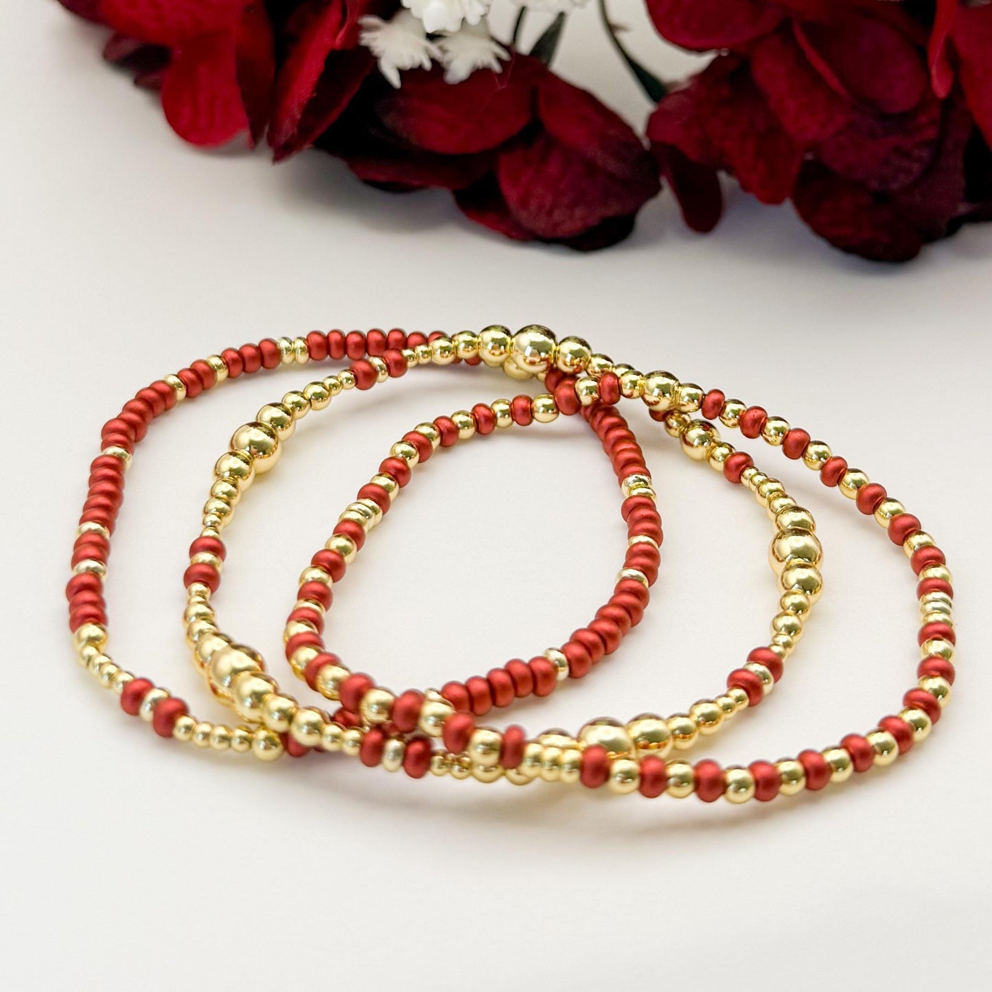 Crimson Glow | 18k gold filled with coral-red/ crimson bracelet stack | beaded stretch bracelet | 3 piece bracelet set