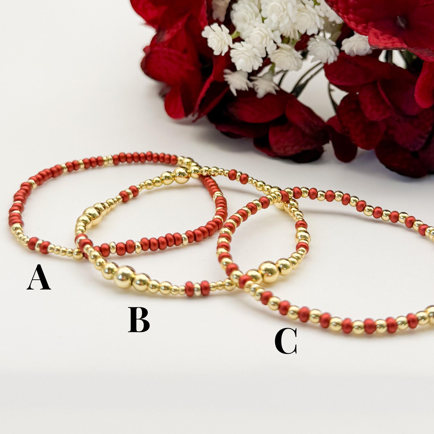 Crimson Glow | 18k gold filled with coral-red/ crimson bracelet stack | beaded stretch bracelet | 3 piece bracelet set