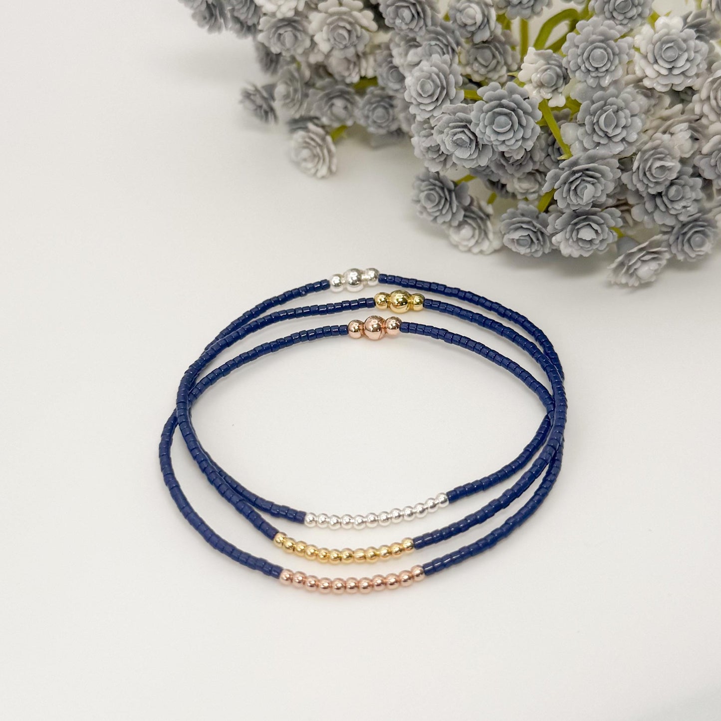 Navy 3 tone bracelets | 18k gold filled with sterling silver and Rose gold beads | navy with mixed metals | tiny bead stretch bracelets