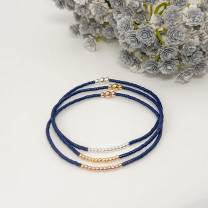 Navy Seed Bead Bracelet: 18k Gold Filled & Sterling Silver