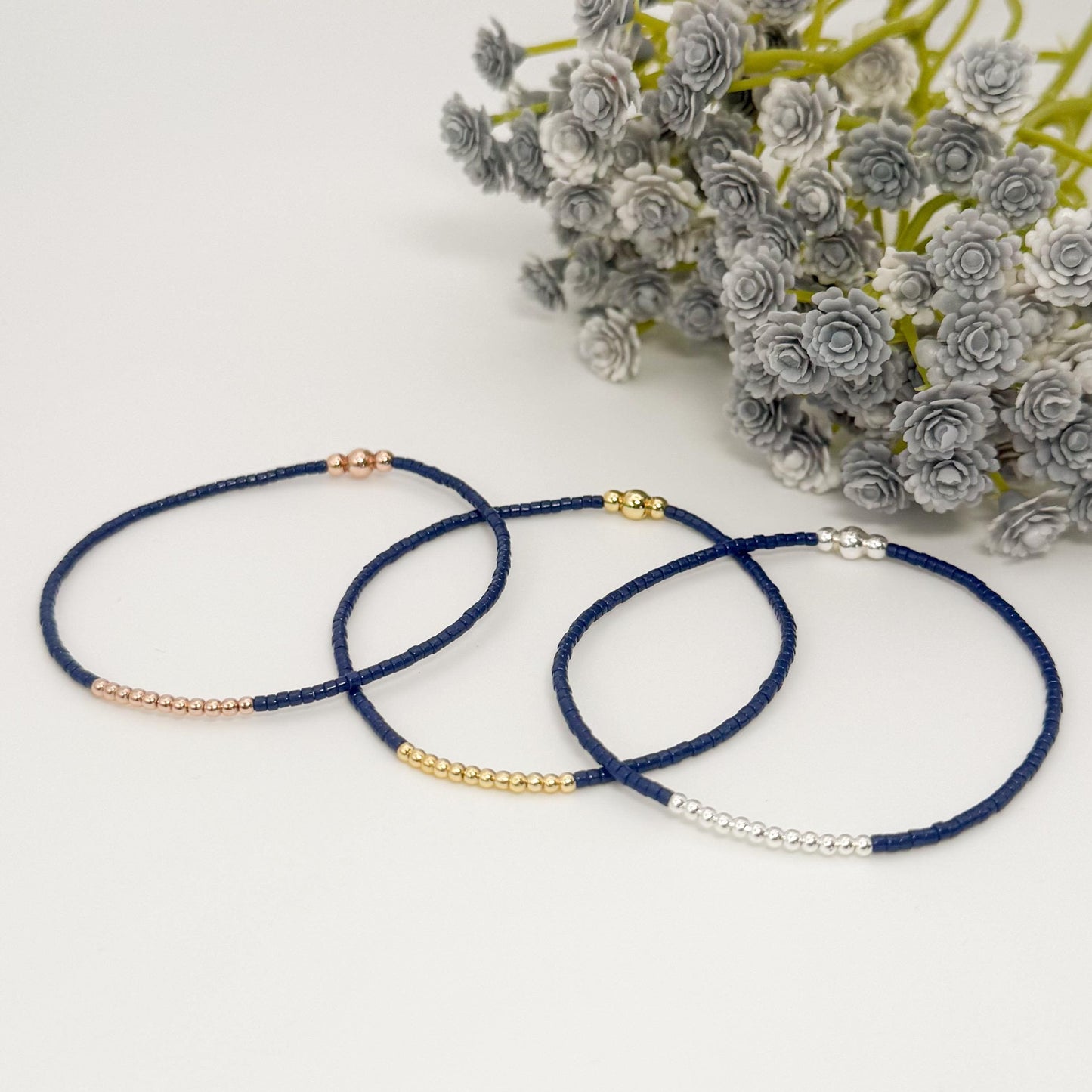 Navy 3 tone bracelets | 18k gold filled with sterling silver and Rose gold beads | navy with mixed metals | tiny bead stretch bracelets