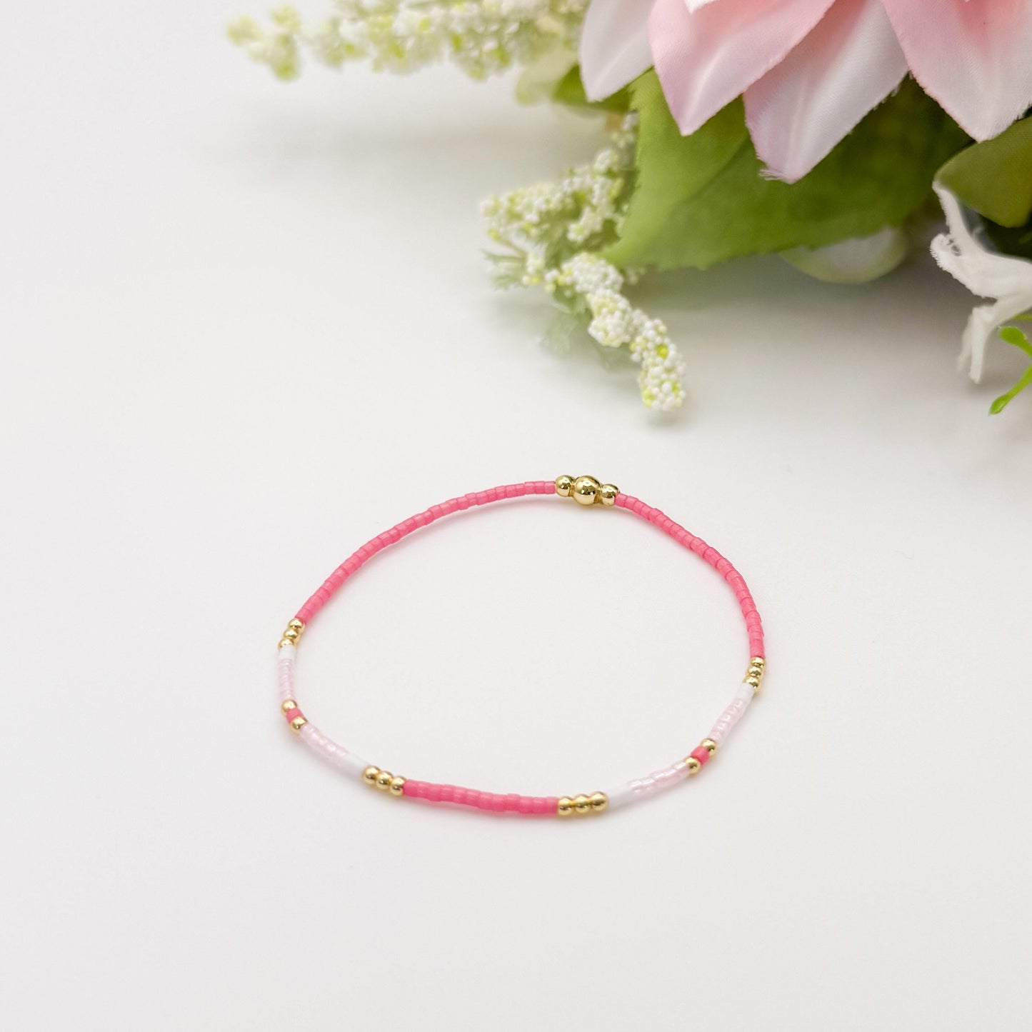 Pretty & Pink | 18k gold filled with pink and white bracelet stack | beaded stretch bracelet | tiny bead bracelet | seed bead | gift set