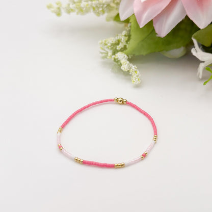 Pretty & Pink | 18k gold filled with pink and white bracelet stack | beaded stretch bracelet | tiny bead bracelet | seed bead | gift set