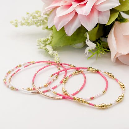Pretty & Pink | 18k gold filled with pink and white bracelet stack | beaded stretch bracelet | tiny bead bracelet | seed bead | gift set