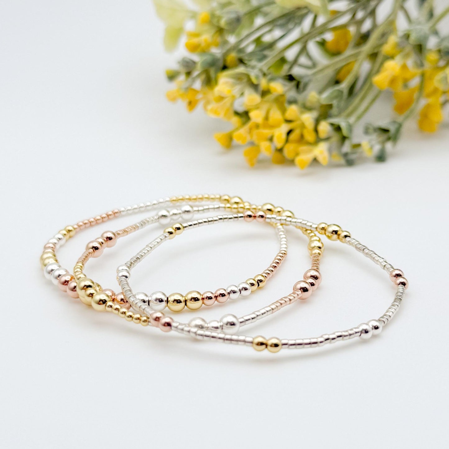 Tri Tone Mixed Metals | 18k gold filled with sterling silver and rose gold filled  | beaded stretch bracelet set