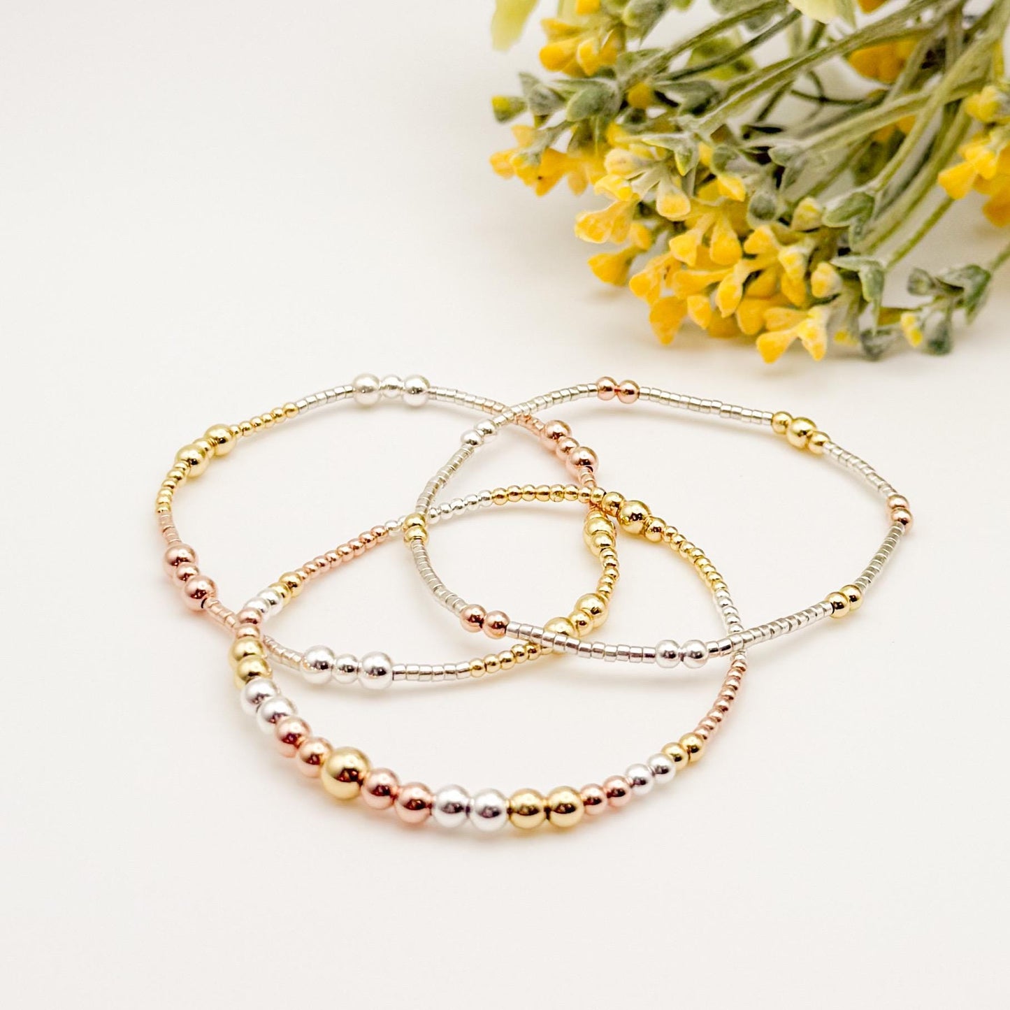 Tri Tone Mixed Metals | 18k gold filled with sterling silver and rose gold filled  | beaded stretch bracelet set